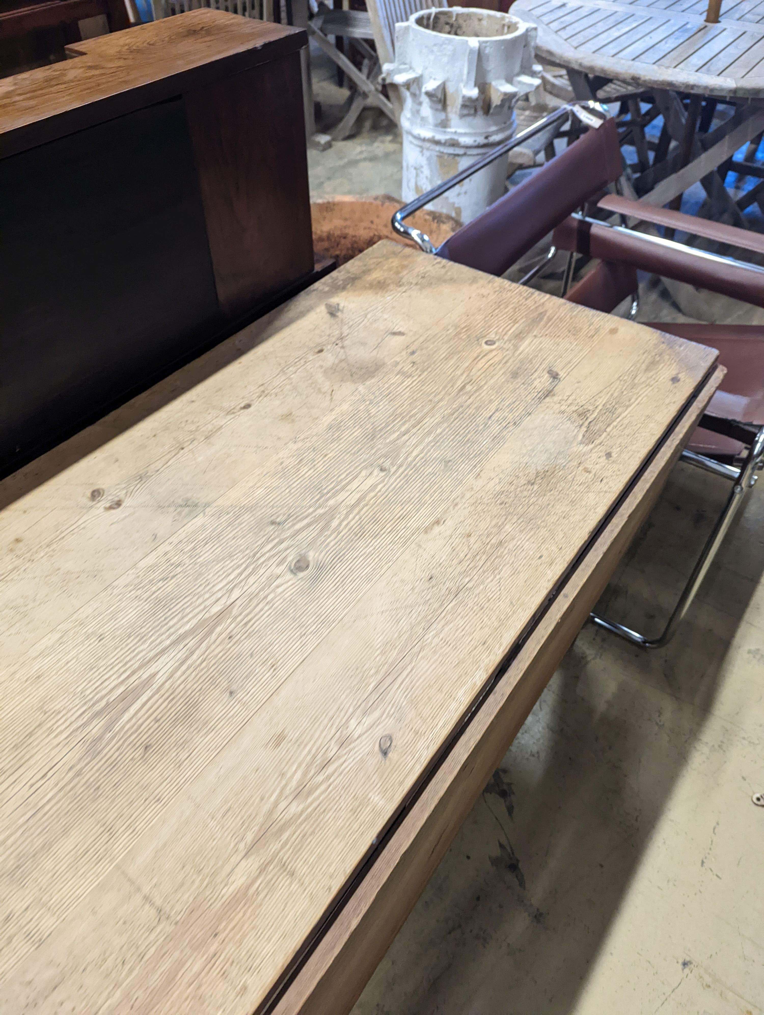 A Victorian pine drop flap kitchen table fitted drawer, width 122cm, length 117cm extended, height 70cm